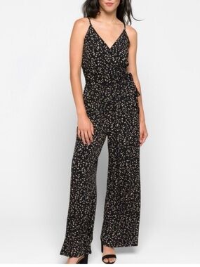 Kaileigh Black Printed Wide-Leg Spaghetti-Strap Jumpsuit